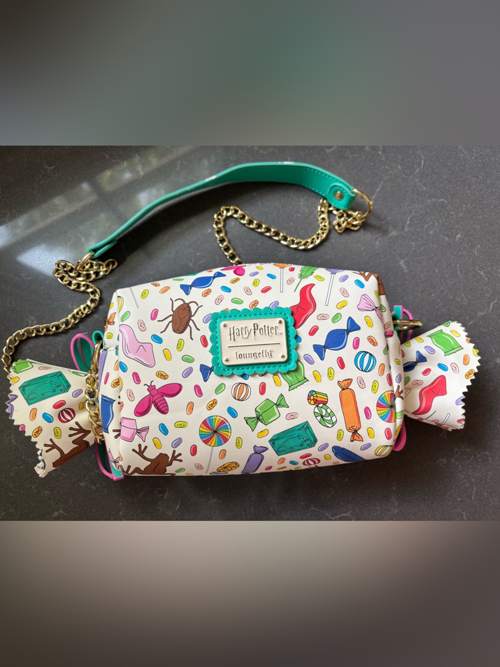 Harry Potter Candy Print “HoneyDukes” Crossbody Purse - White with Teal & Gold